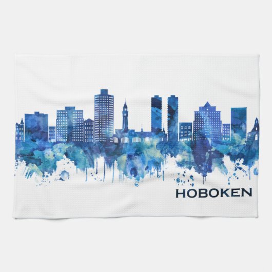 Hoboken New Jersey Skyline Blue Geschirrtuch (Horizontal)