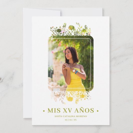 Hoch entwickelte Blumenrahmen Spanisches Foto Mis Einladung (Vorderseite)
