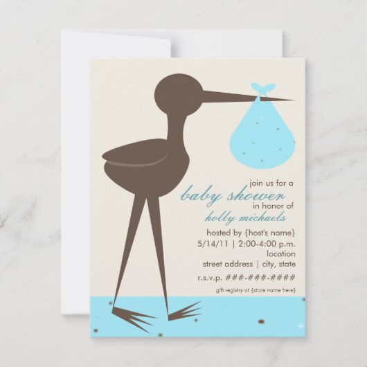 Hoch entwickelte Stork Robin's Ei Blue Baby Dusche Einladung (Vorderseite)