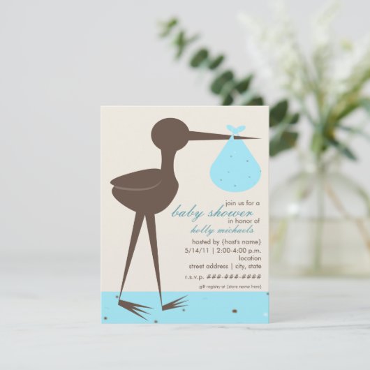 Hoch entwickelte Stork Robin's Ei Blue Baby Dusche Einladung (Stehend Vorderseite)