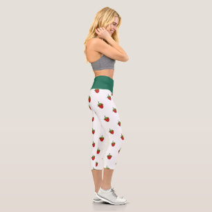 Hoch geschnittene Yoga-Capris, grüne Erdbeere weiß Capri Leggings