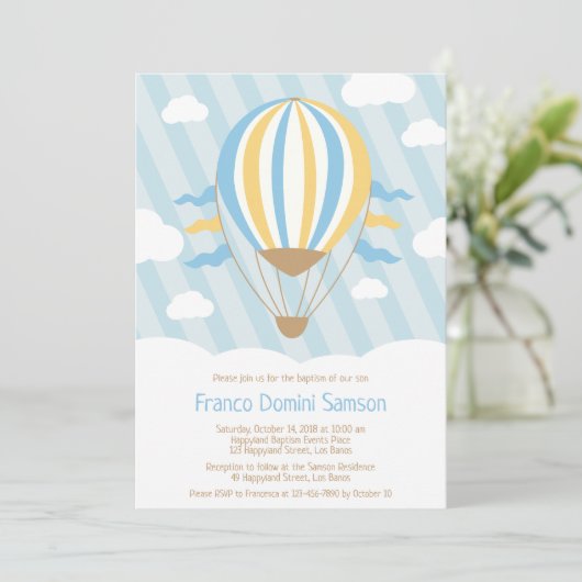 Hoch und weg Heißluftballon Taufe Einladung (Stehend Vorderseite)