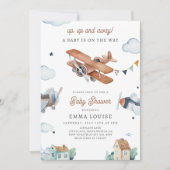 Hoch und weg, Vintage Aquarell-Airplane-Babydusche Einladung (Vorderseite)