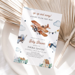 Hoch und weg, Vintage Aquarell-Airplane-Babydusche Einladung