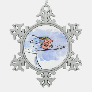 Hochfliegendes Ski-Sprungs-Schwein Schneeflocken Zinn-Ornament