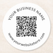 Hochgeladene QR-Codevorlage mit bearbeitbarem Text Runder Pappuntersetzer (Vorderseite)