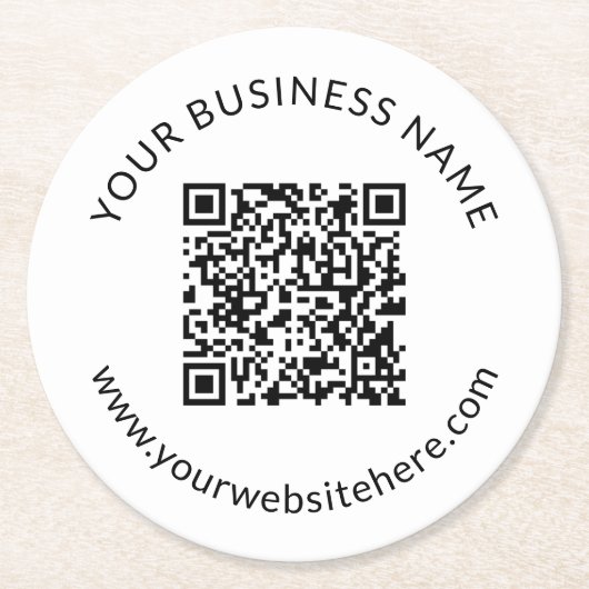 Hochgeladene QR-Codevorlage mit bearbeitbarem Text Runder Pappuntersetzer (Vorderseite)