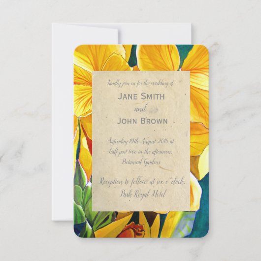 Hochgelbe Blumen Aquarellkunst rustikal Einladung (Vorderseite)