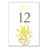 Hochgelbe Leucadendron Aquarellblume Tischnummer (Rückseite)