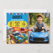 Hochgeschwindigkeits-Autothema für Jungen Party mi Einladung (Vorderseite)