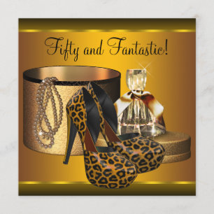 Hochhackige Schuhe Damen Gold Leopard 50. Geburtst Einladung