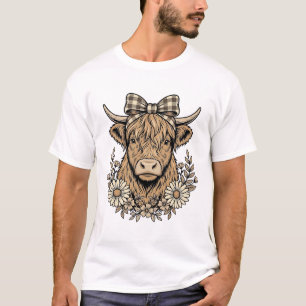Hochland-Kuh-Blumen-Schleife Vintage-Stich-Design_ T-Shirt