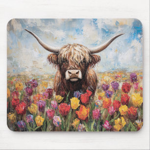 Hochland Kuh farbenfrohe Tulips Malerei Mousepad
