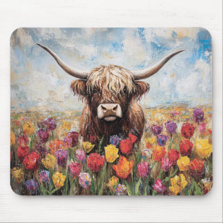 Hochland Kuh farbenfrohe Tulips Malerei Mousepad