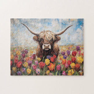 Hochland Kuh farbenfrohe Tulips Malerei Puzzle