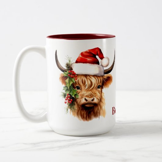 Hochland-Kuh-Feierliche Farm Weihnachten Zweifarbige Tasse (Links)