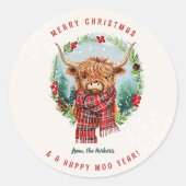 Hochland Kuh festivtive Farm Tier Frohe Weihnachte Runder Aufkleber (Vorderseite)