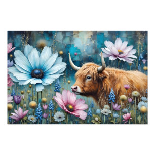 Hochland Kuh floral farbenfroher Kosmos Tapestry I Fotodruck