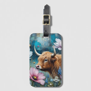 Hochland Kuh floral farbenfroher Kosmos Tapestry I Gepäckanhänger