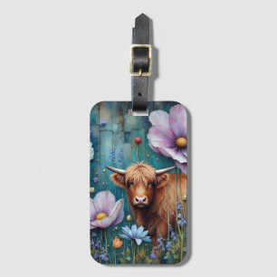 Hochland Kuh floral farbenfroher Kosmos Tapestry I Gepäckanhänger