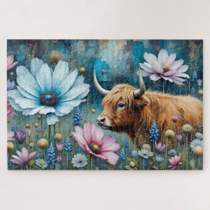 Hochland Kuh floral farbenfroher Kosmos Tapestry I Puzzle