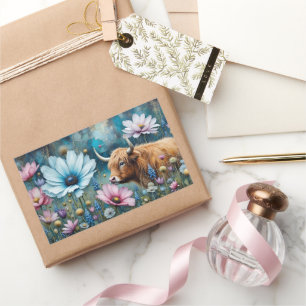 Hochland Kuh floral farbenfroher Kosmos Tapestry I Rechteckiger Aufkleber