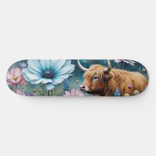 Hochland Kuh floral farbenfroher Kosmos Tapestry I Skateboard