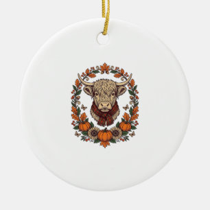 Hochland-Kuh-Kürbis-Vintage-Stich Herbst-Shirt Keramik Ornament
