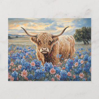 Hochland-Kuh Rosa und Blau-Wildblumen Postkarte