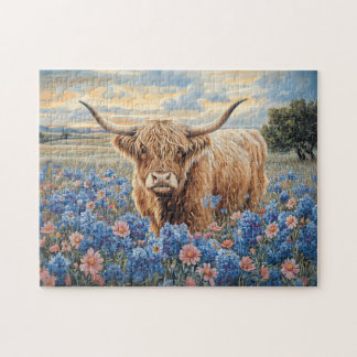 Hochland-Kuh Rosa und Blau-Wildblumen Puzzle