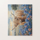 Hochland-Kuh Rosa und Blau-Wildblumen Puzzle (Vertikal)