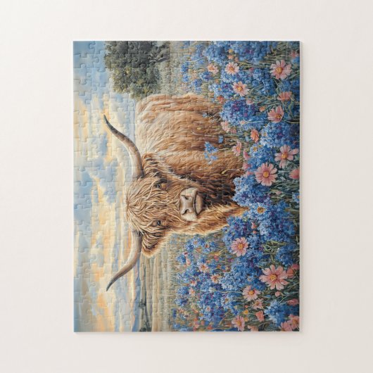 Hochland-Kuh Rosa und Blau-Wildblumen Puzzle (Vertikal)