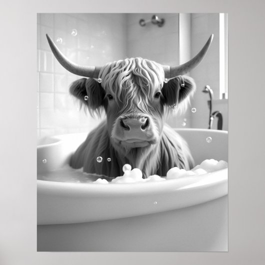 Hochland Kuh Schwarz und Weiß Badezimmer Bild Poster (Vorne)