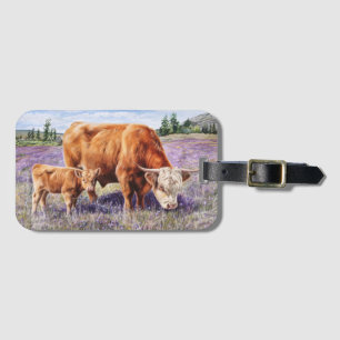 Hochland-Kuh und Kalb Lila Wildblumen Gepäckanhänger