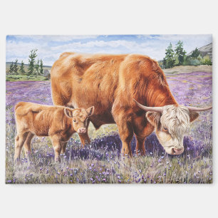 Hochland-Kuh und Kalb Lila Wildblumen Magnet