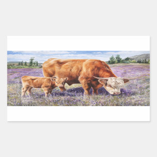 Hochland-Kuh und Kalb Lila Wildblumen Rechteckiger Aufkleber