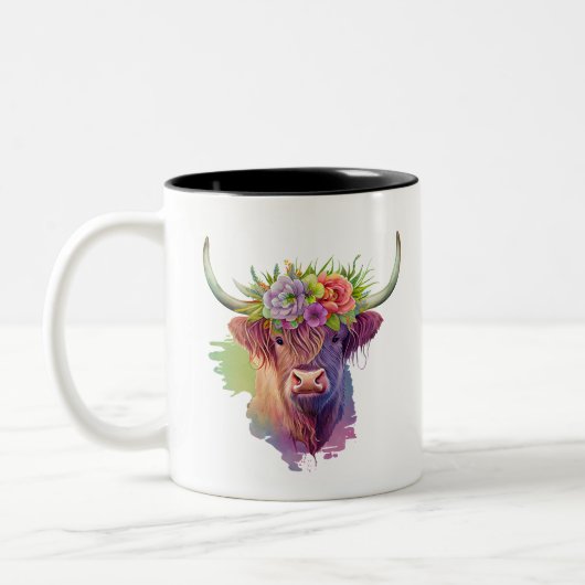Hochland-Kuh-Wasserfarbe mit Blume Kronen Zweifarbige Tasse (Links)