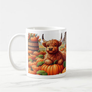 Hochland-Kuhkälber ruhen zwischen Kürbissen  Kaffeetasse