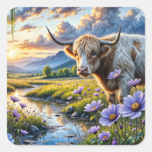 Hochland/Longhorn Kreuzung Kuh in floraler Landsch Quadratischer Aufkleber