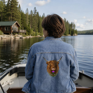 Hochland-Schottland-Kuh Lila keltische Knotenarbei Jeansjacke