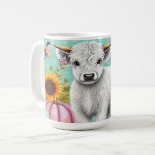 Hochlandkalb zwischen Herbstkürbissen und Sonnenbl Kaffeetasse