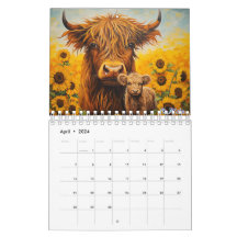 Hochlandkuh 2025 Kalender mit Kälbersonnenblume