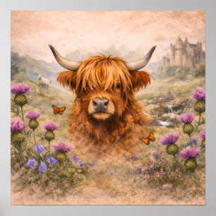 Hochlandkuh - Aquarell-Tiere Poster