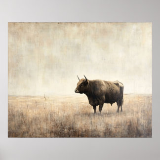 Hochlandkuh auf einem Feld Sepia Poster