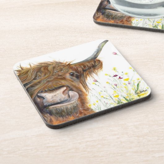 Hochlandkuh bei Blume Untersetzer (Linke Seite)