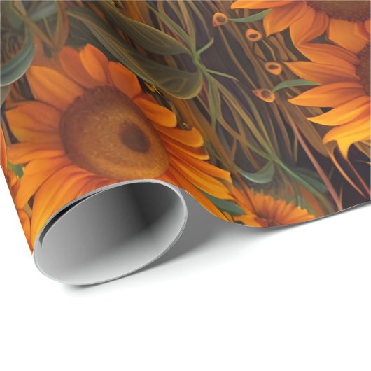 Hochlandkuh bei Sonnenblumen bei Sonnenaufgang Geschenkpapier (Rolleneckpunkt)