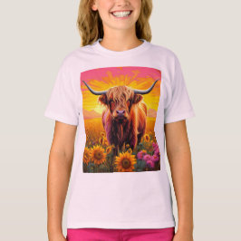 Hochlandkuh bei Sonnenblumen bei Sonnenaufgang T-Shirt