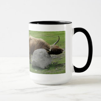 Hochlandkuh, die auf Felsen auf dartmoor verkratzt Tasse
