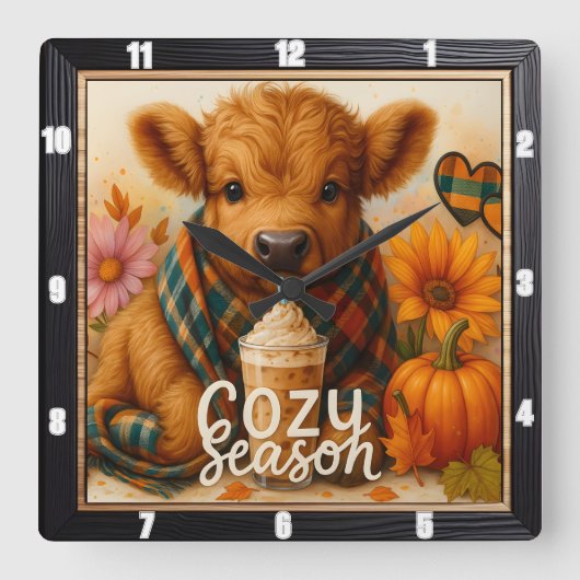 Hochlandkuh Gemütliche Jahreszeit Quadratische Wanduhr (Vorderseite)