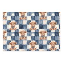 Hochlandkuh-Geschenkpapier Blau Kariert Bauernhof